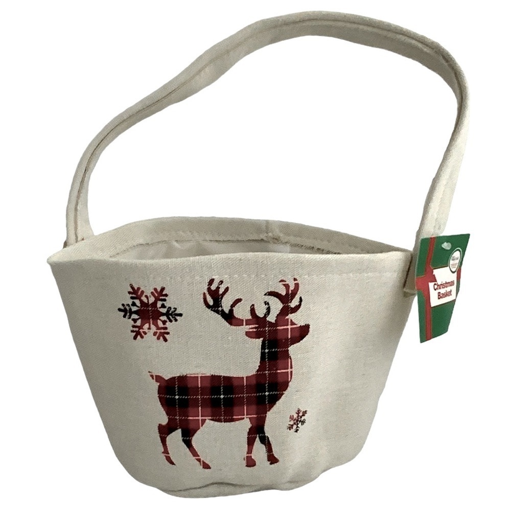 Simply Holiday Canvas Christmas Basket Reindeer Lined Tote Buffalo Check Plaid
